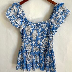 Blue and White Floral Smocked Top
